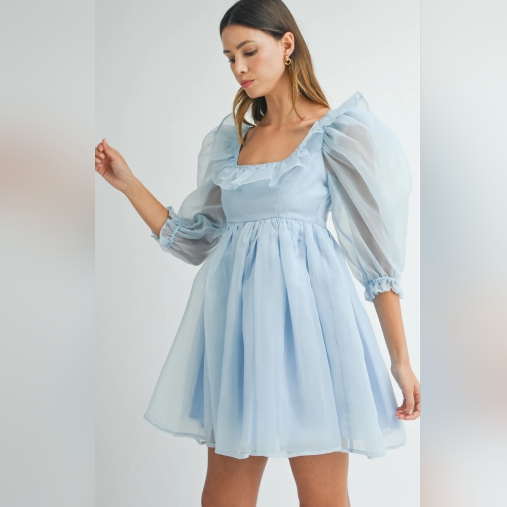 Light Blue Puff-Sleeve Mini Dress